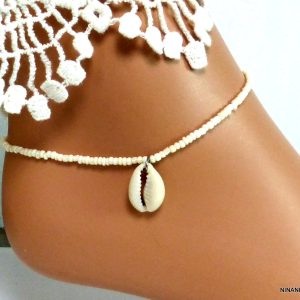 Chaine de cheville avec coquillage perle rocaille et Acier