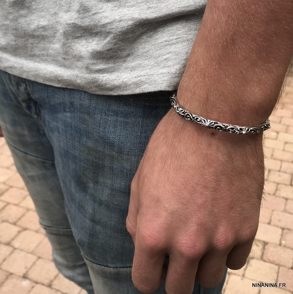 Bracelet biker homme demi jonc argenté gravé – Image 8