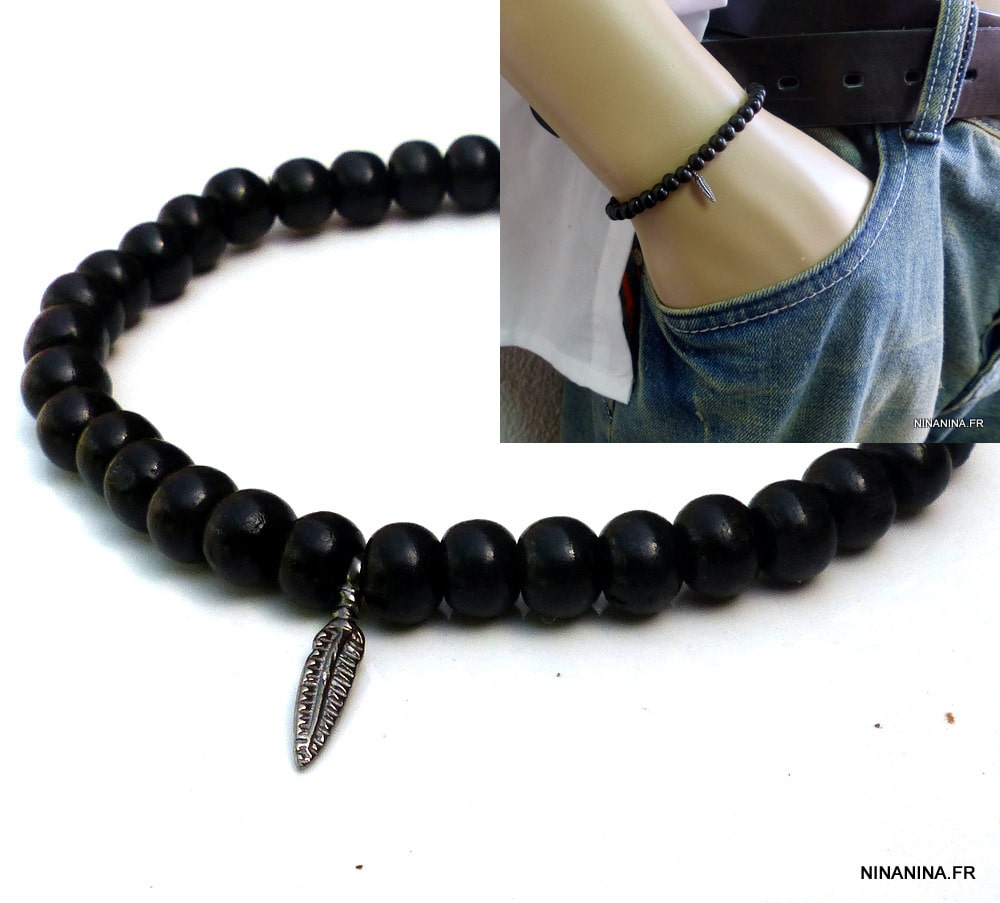 Bracelet avec plume argent et perle bois homme ou femme – Image 3