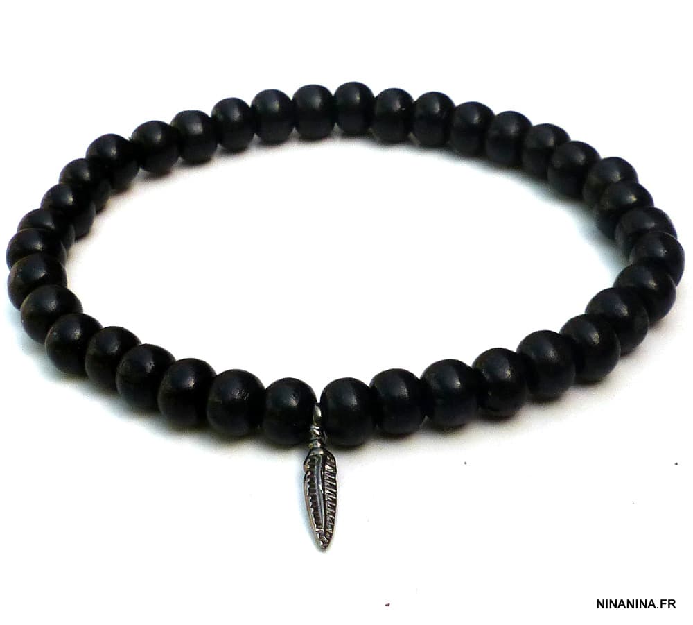 Bracelet avec plume argent et perle bois homme ou femme – Image 4