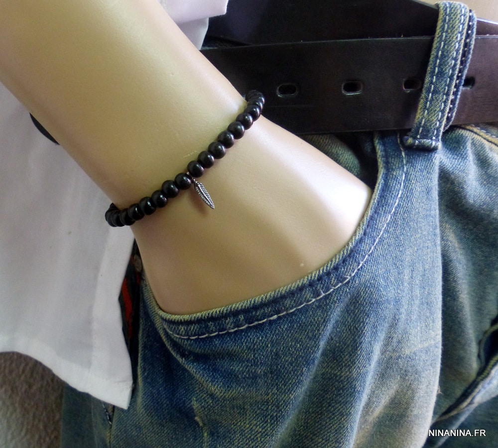 Bracelet avec plume argent et perle bois homme ou femme – Image 2