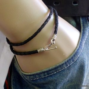 Bracelet 2 tours cordon cuir tressé Argent 925 massif