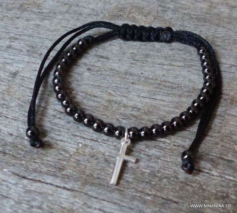 Bracelet croix argent femme et homme perles noires – Image 6