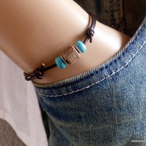Bracelet cordon cuir Argent 925 massif turquoise