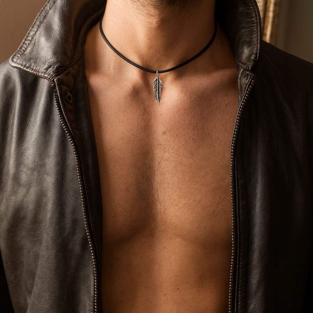 Collier artisanal pendentif plume en Argent 925 massif sur cordon cuir noir – Image 5