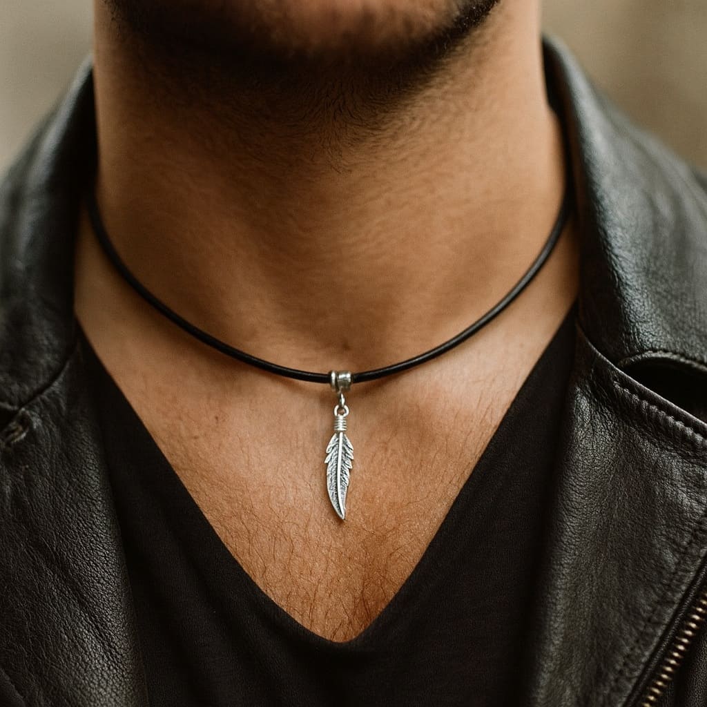 Collier artisanal pendentif plume en Argent 925 massif sur cordon cuir noir – Image 3