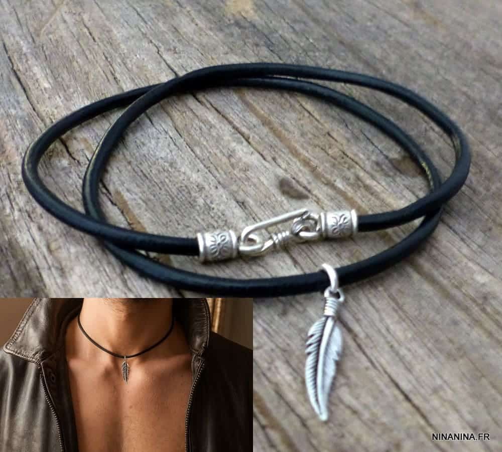 Collier artisanal pendentif plume en Argent 925 massif sur cordon cuir noir
