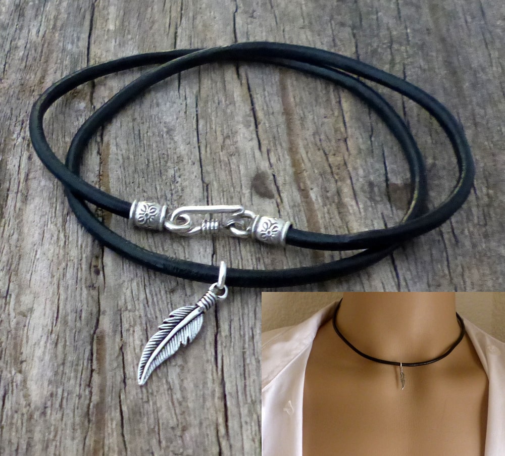 Collier artisanal pendentif plume en Argent 925 massif sur cordon cuir noir – Image 4