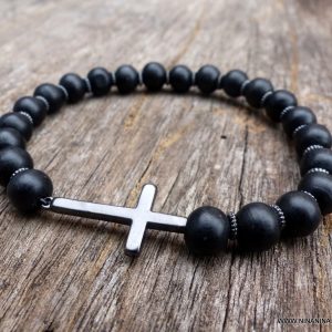 Bracelet avec croix homme perles noires en bois