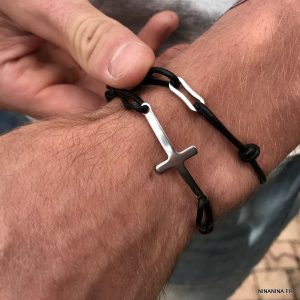 Bracelet cordon reglable homme Cuir et Acier inoxydable