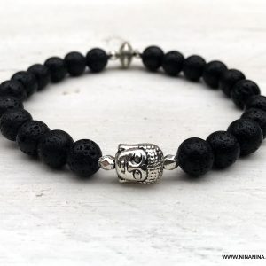 Bracelet bouddha pierre de lave noir perle sur elastique