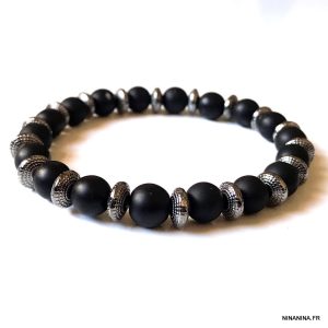 Bracelet onyx homme perle noir mat sur elastique