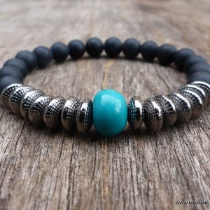 Bracelet homme perle onyx noir mat Et turquoise