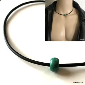 Collier grosse perle homme turquoise bleue cordon cuir