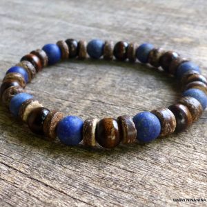 Bracelet homme lapis lazuli bleu et perle bois marron