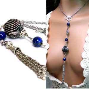 Collier Lapis Lazuli pompon métal argenté