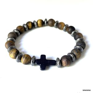 Bracelet oeil du tigre homme croix noire elastique