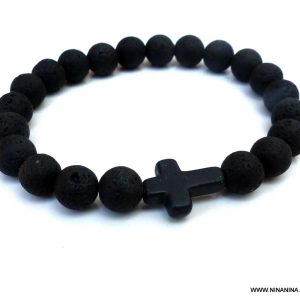 Bracelet croix homme perle pierre de lave noire