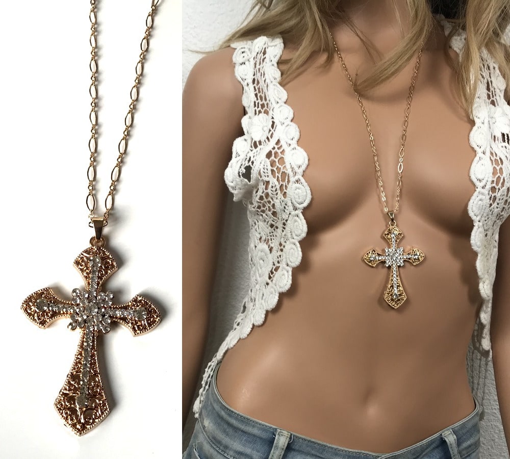 Pendentif croix grande taille métal doré strass femme