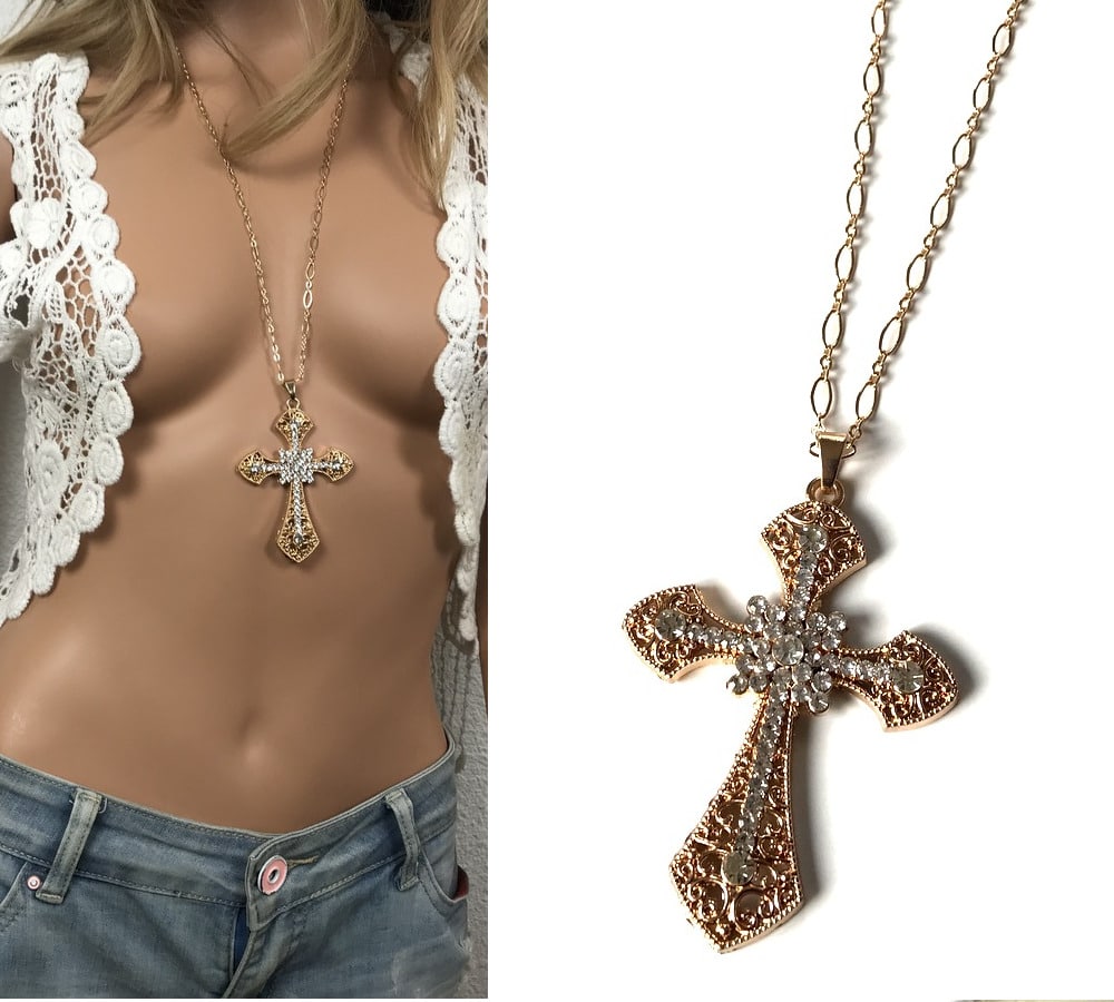 Pendentif croix grande taille métal doré strass femme – Image 8