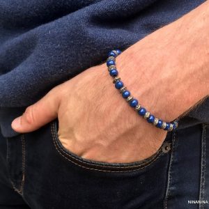 Bracelet Perle Bleu Homme En Lapis Lazuli Et Rondelles Argentées