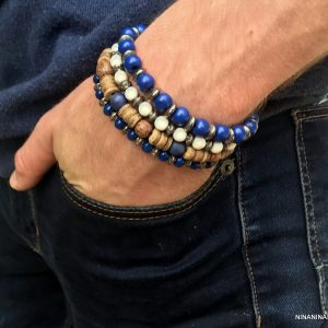 Bracelet homme perles bleues en bois fil elastique