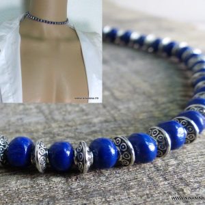 Collier homme elastique perles de bois bleues