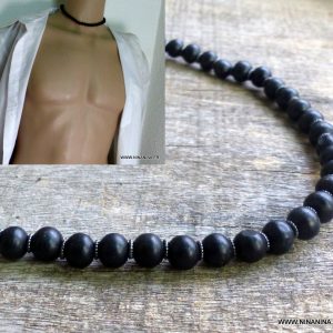 Collier homme perles bois noires elastique