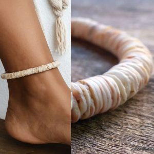 Chevillère bijou artisanale – Bracelet de cheville disques de coquillage naturel et Argent 925