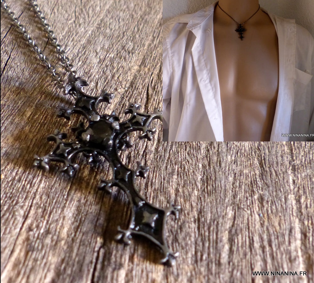 Pendentif croix gothique métal noir – Collier homme rock – Image 2