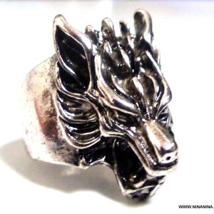 Bague homme tête de loup métal argenté