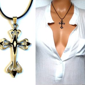 Collier homme cordon croix Acier noire et argent