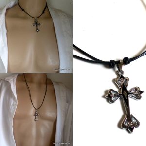 Collier homme cordon cuir pendentif croix Acier noire et argent