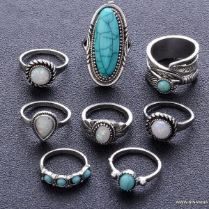 Ensemble bague femme bohème argenté et bleu turquoise