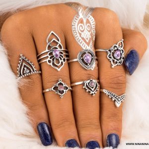 Ensemble de 7 bagues bohème en métal argent résine violette