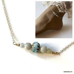 Chaînette cheville Plaqué Or Et Aigue Marine bleue