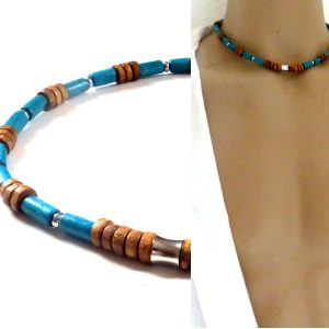 Collier perles en bois turquoise et Acier inoxydable