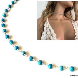 Collier turquoises naturelles ras de cou femme