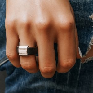 Bague Femme Artisanale En Cuir et Perle Rectangle Coulissante En Acier Inoxydable Argenté