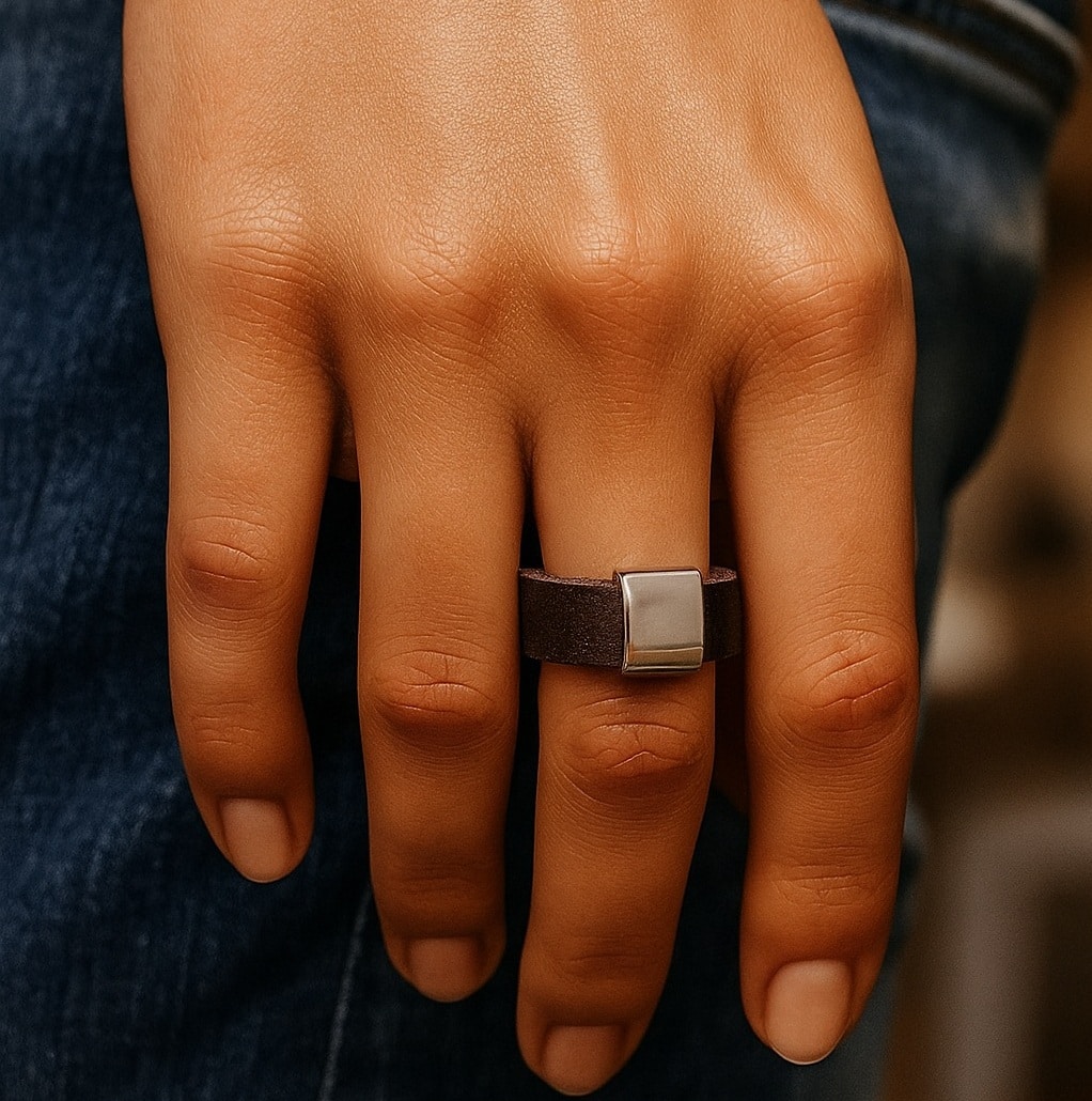 Bague Femme Artisanale En Cuir et Perle Rectangle Coulissante En Acier Inoxydable Argenté – Image 5