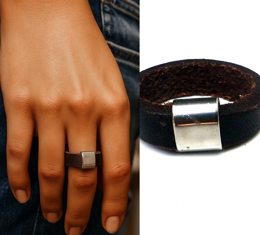Bague Femme Artisanale En Cuir et Perle Rectangle Coulissante En Acier Inoxydable Argenté – Image 4