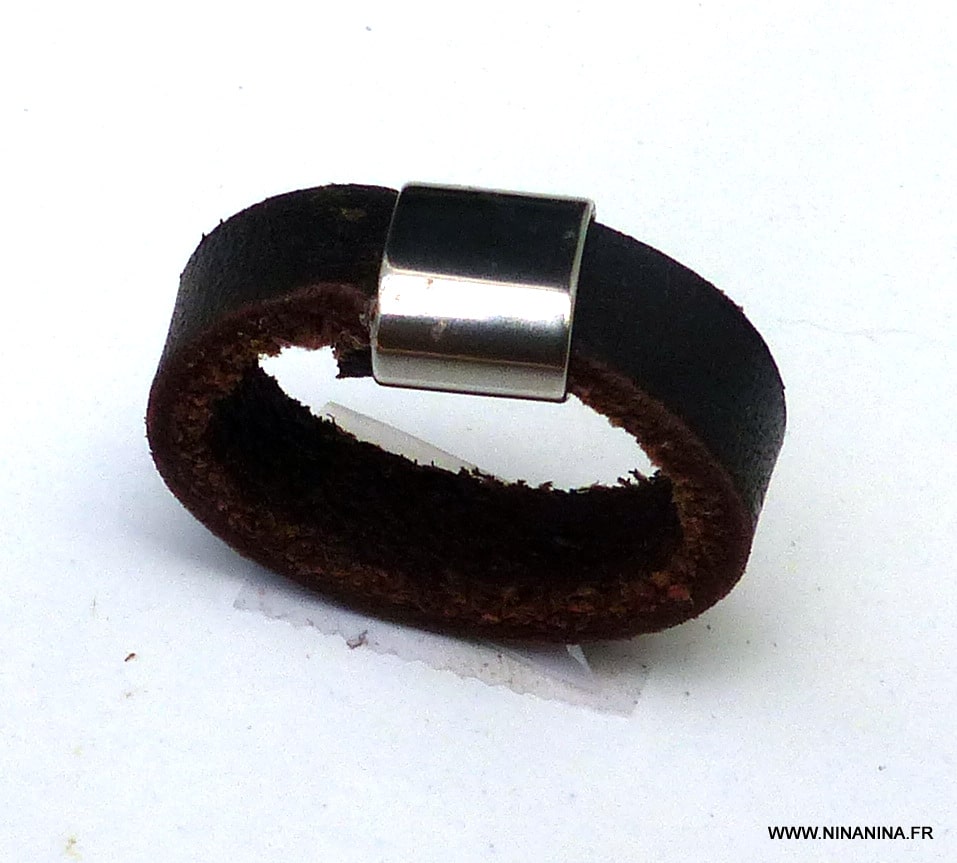 Bague Femme Artisanale En Cuir et Perle Rectangle Coulissante En Acier Inoxydable Argenté – Image 3