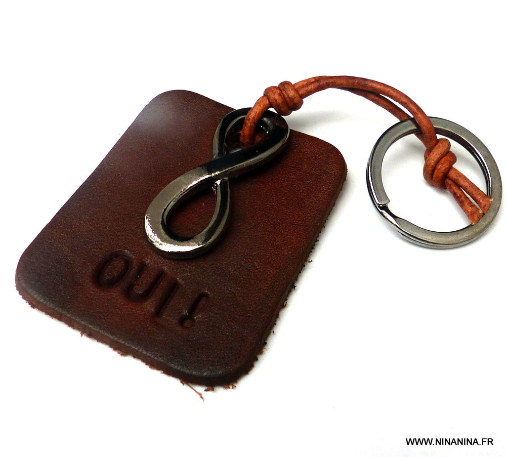 Porte clé homme cuir infini métal noir gravé OUI – Image 5