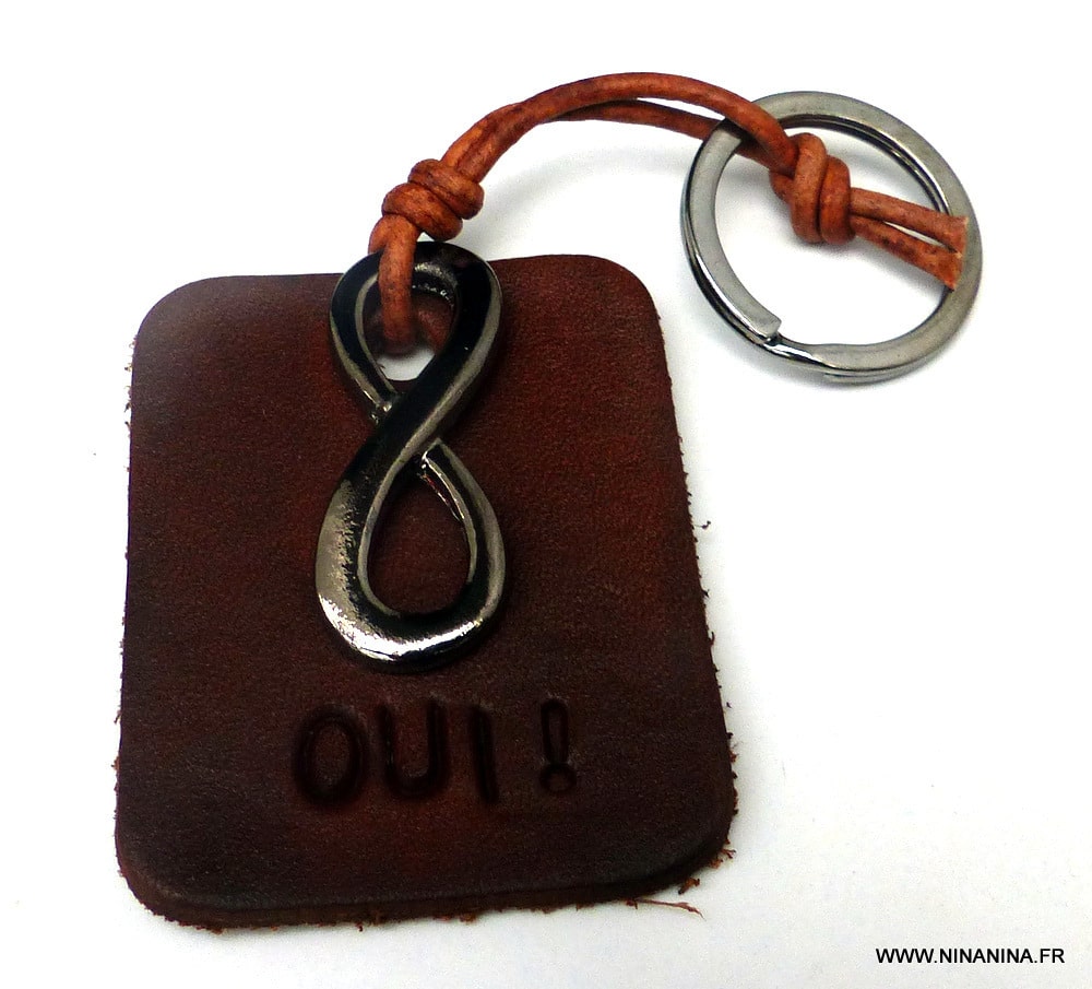 Porte clé homme cuir infini métal noir gravé OUI – Image 7