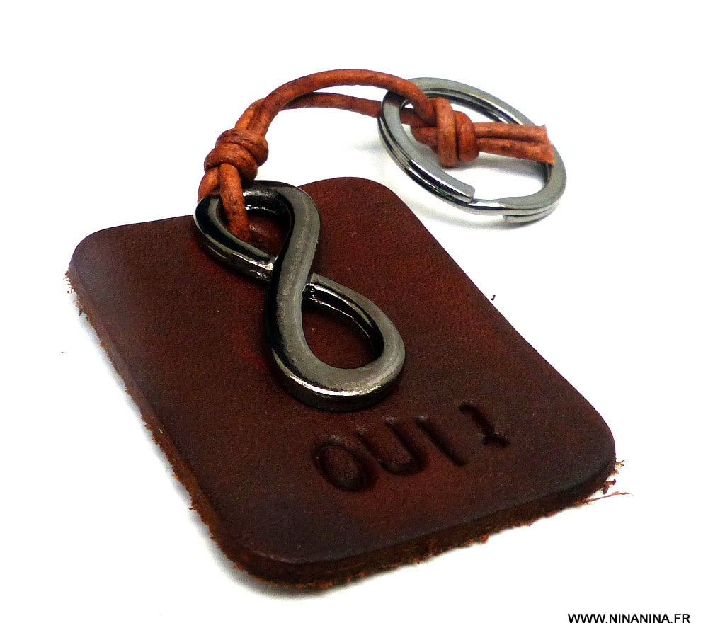 Porte clé homme cuir infini métal noir gravé OUI – Image 3