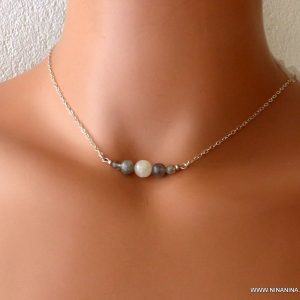 Collier en pierre de lune et labradorite chaine argent