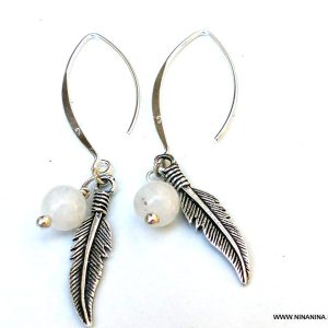 Boucles d&rsquo;oreilles pierre de lune véritable et pendentif plume Argent 925 artisanales