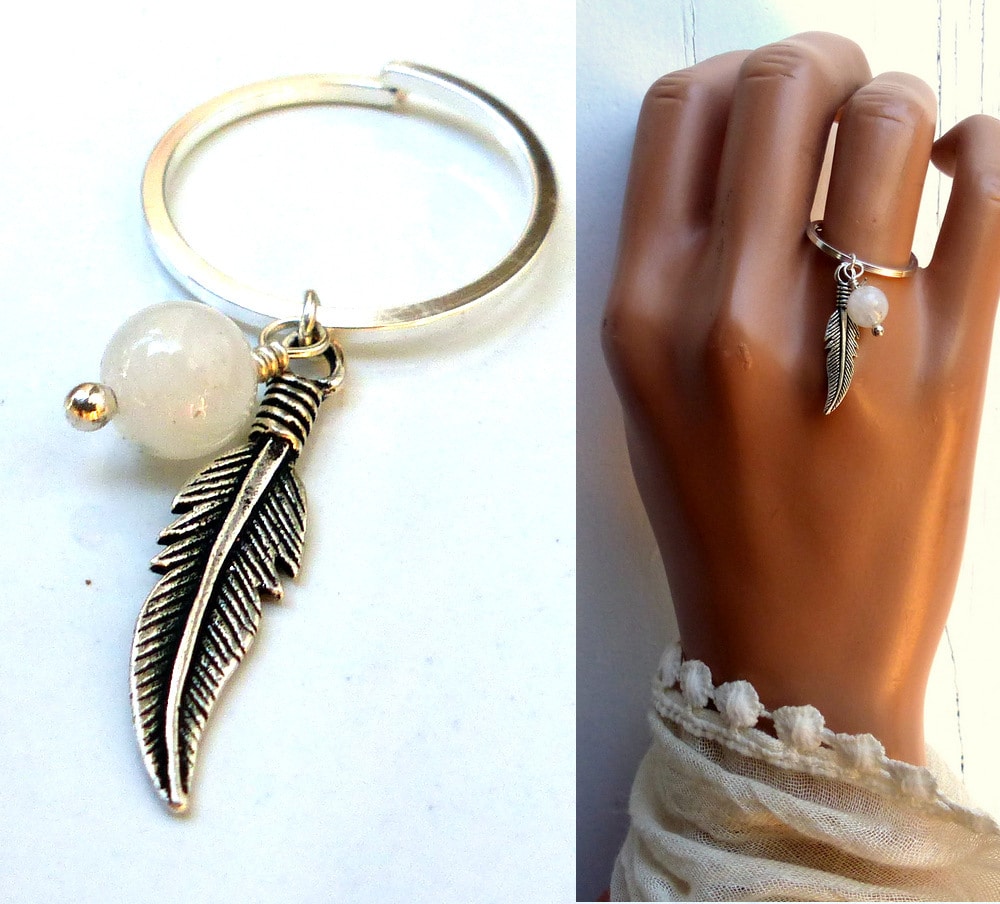 Bague argent pierre de lune réglable et pendentif plume – Image 3
