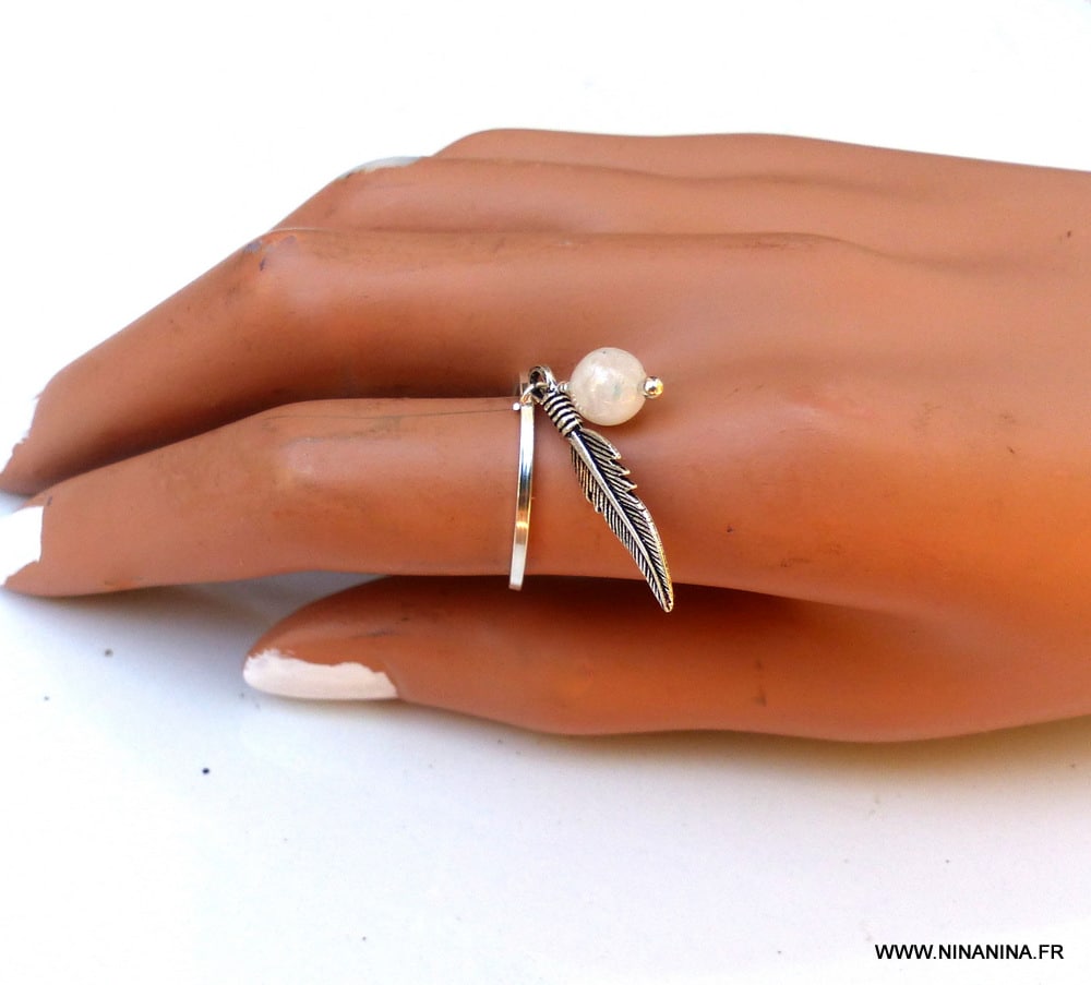 Bague argent pierre de lune réglable et pendentif plume – Image 5