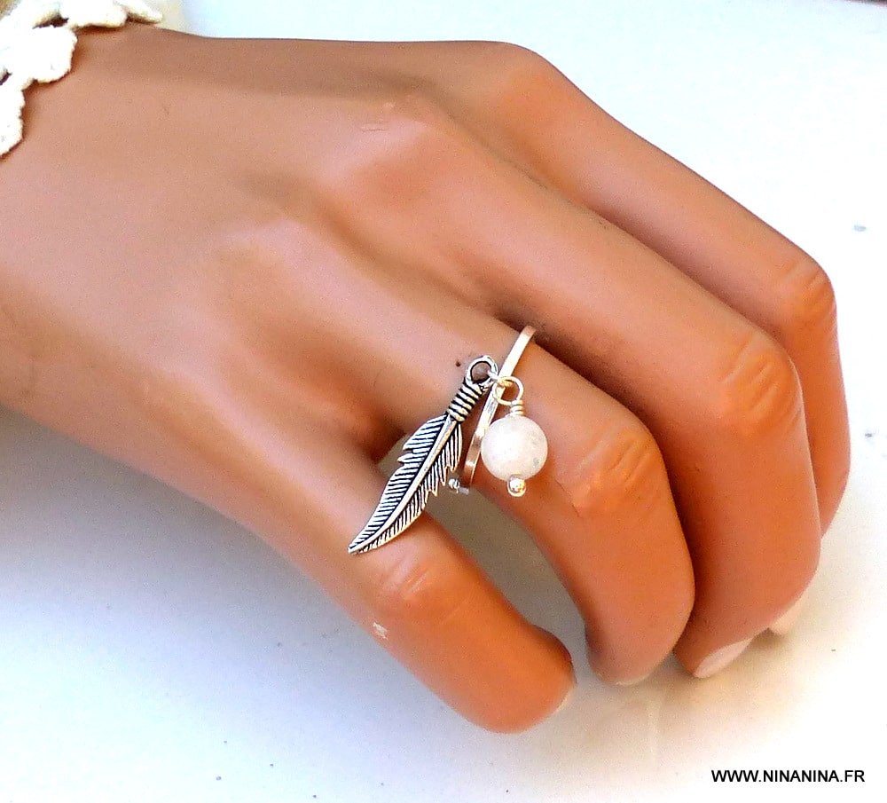 Bague argent pierre de lune réglable et pendentif plume – Image 2